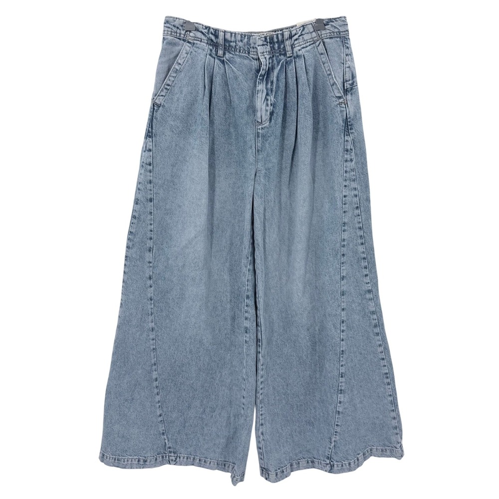 We The Free People Equinox Denim Trouser Light Wash Wide Leg Pleated Jeans 30